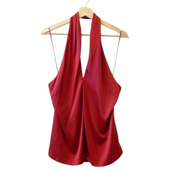 Theory NWT Ertil Convertible Cross Front Plunge Silk Halter Top Red Dahlia L - Picture 12 of 12